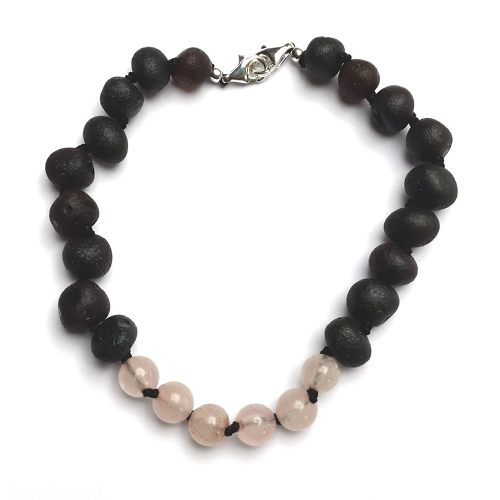 Adult Adjustable Unpolished Dark Cherry Amber and Rose Quartz Bracelet